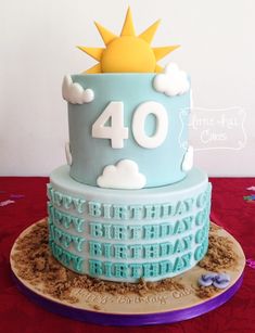 a blue birthday cake with the number forty on it's side and sun in the middle