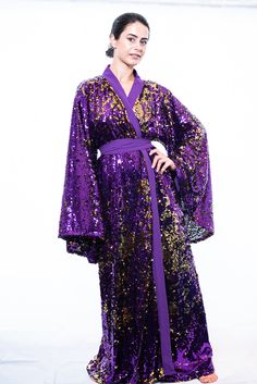 Sequin Kimono - Luxury Sequin Maxi Dress | Ellectives Fitted Wrap Kimono For Party, Elegant Long Purple Kimono, Gold Long Sleeve Kimono For Party, Fall Evening Kimono With Kimono Sleeves, Evening Kimono With Fall Theme, Fall Evening Kimono, Robe Bridesmaids, Bridesmaids Robe, Copper Dress