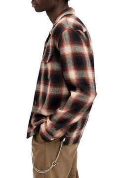 A cool plaid complements the relaxed, easy-wearing appeal of a layer-ready shirt cut from soft flannel with a touch of wool. 30" length; 44" chest (size Medium) Front button closure Convertible collar Long sleeves with button cuffs Chest patch pockets 50% recycled polyester, 21% wool, 16% acrylic, 7% polyamide, 4% viscose, 2% cotton
 Dry clean Imported Classic Plaid Tops For Casual Gatherings, Casual Cotton Shirt By Allsaints, Casual Allsaints Cotton Shirt, Relaxed Fit Plaid Top With Pockets, Casual Flannel Tops For Fall, Allsaints Classic Long Sleeve Top, Relaxed Fit Flannel Tops For Work, Casual Brown Flannel Tops, Allsaints Relaxed Fit Long Sleeve Tops