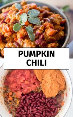 pumpkin chili in a white bowl with red beans and other ingredients