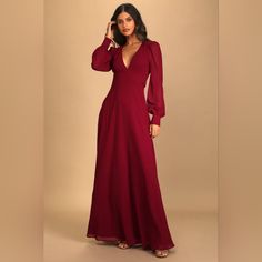 Nwt Lulus Talk About Divine Burgundy Long Sleeve Backless Maxi Dress Size Xl Description The Lulus Talk About Divine Burgundy Long Sleeve Backless Maxi Dress Is A Dreamy Combination Of Classy And Sexy! Lightweight Woven Chiffon Shapes This Gorgeous Dress That Has A Plunging V-Neckline And Sheer Long Sleeves With Button Cuffs. A Princess-Seamed Bodice Tops A Set-In Waist And A Cascading Maxi Skirt. The Alluring Open-Back Design Is Accented With A Tying Sash And Button Closure At The Neck. Hidden Burgundy Long Sleeve Maxi Dress For Date Night, Bridesmaid Dresses Red Long, Long Sleeve Bridesmaid Dress, Backless Maxi Dress, Bodice Top, Red Bridesmaid Dresses, Backless Maxi Dresses, Quality Dresses, Lulu Dresses