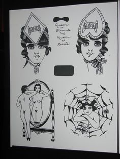 the back side of a white envelope with black and white drawings on it, depicting women's faces