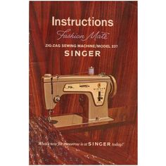 instruction manual for singer sewing machine on wooden stand with white background and wood grained surface