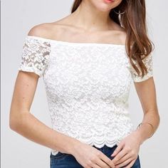 Short Sleeve Machine Wash 62% Cotton, 31% Nylon, 7% Spandex * Model Is 5’7 And Is Wearing A Size Small Fitted Off-shoulder Top For Brunch, Spring Stretch Lace Top, Spring Stretchy Lace Top, Off-shoulder Lace Top For Spring, Fitted Lace Off-shoulder Top, Fitted Short Sleeve Lace Top For Brunch, Fitted Lace Top With Short Sleeves For Brunch, Spring Lace Top For Brunch, Fitted Lace Top For Spring Brunch