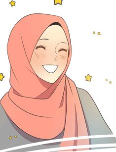 a woman wearing a hijab and smiling at the camera with stars around her