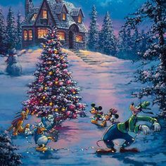 a painting of mickey mouse and friends around a christmas tree in front of a house