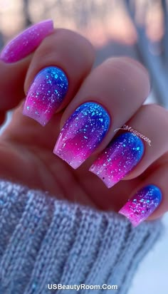 These nails feature a neon blue to pink ombre with intricate lace designs. The combination of bold colors and detailed patterns creates a chic and stylish look. Neon Ombre Nails, Burgundy Acrylic Nails, Acrylic Dip Nails, Purple Glitter Nails, Ombre Nail, Simple Gel Nails, Vibrant Nails, Simple Acrylic Nails