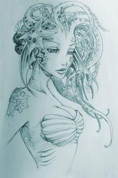 a drawing of a woman with tattoos on her arm and chest, in front of a cell phone screen