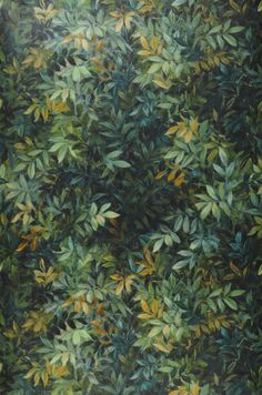 an abstract painting of green and yellow leaves