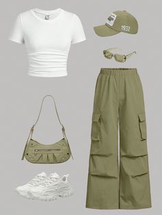 2pcs Women's Summer Solid Color Crew Neck Tight Fit Short Sleeve T-Shirt And Cargo Pants Set Army Green Casual    Plain  Non-Stretch  Women Clothing, size features are:Bust: ,Length: ,Sleeve Length: Look Legging, Casual Preppy Outfits, Outfit Inspo Casual, Trendy Outfits For Teens, Everyday Fashion Outfits, Cute Preppy Outfits, Easy Trendy Outfits, Simple Trendy Outfits, Cute Everyday Outfits