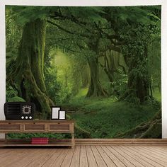 an image of a forest scene with green trees and moss growing on the ground wall tapestry