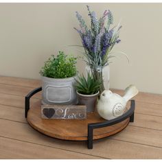 two potted plants are sitting on a small table with a book and watering can