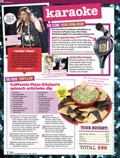 an article in the magazine about karaoke with pictures of food and drinks on it