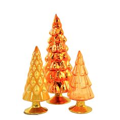 three shiny gold christmas trees on white background