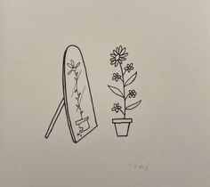 a drawing of a mirror and flower pot