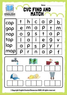 the cvc find and match worksheet is shown in this printable version