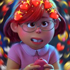 a cartoon girl with red hair and glasses holding a cell phone in her hands, surrounded by hearts