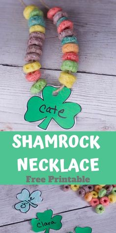 this shamrock necklace is made from cereal and has the word shamrock on it, along with two