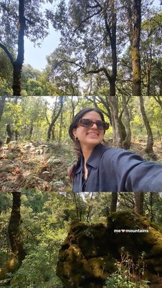 a woman taking a selfie in the woods with trees and moss growing on the ground