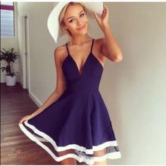 New Blue And White Dress . Available In Multi Sizing Chic Navy V-neck Mini Dress, Chic Navy A-line Mini Dress, Navy Mini Dress For Day Out, Fitted Navy Summer Dress, Navy Mini Dress For Summer, Navy A-line Summer Dresses, Chic Navy Mini Dress, Chic Navy Dress For Day Out, Elegant Navy Dress For Day Out