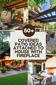 the back yard with patio furniture and fire place is featured in this postcard image