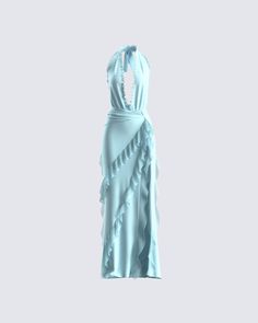 Have everyone obsessed with the way you move with this baby blue ruffle maxi dress 😌 Delicately crafted from georgette fabric, and complete with a high slit, ruffle details, a low open back, and a center invisible zipper 💙 Finesse Dress, White Corset Dress, Special Event Outfit, Italian Summer Outfits, Strapless Ruffle Dress, Future Of Fashion, Classy Dresses, Baby Blue Dresses, Yellow Mini Dress