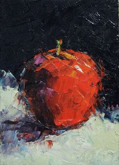 an oil painting of a red apple on a black background