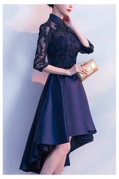 Navy Blue High Low Modest Party Dress With Collar Sheer Sleeves - $65.4768 #S1486 - SheProm.com Y2k Fashion Aesthetic, Elegant Party Dress, Y2k Aesthetic Fashion, Hoco Dress, Blue Long Sleeve Dress, Elegant Party Dresses, Fairytale Dress, Dress Store, Elegant Party