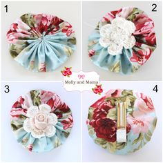 four pictures showing the steps to make a flowery hair clip holder with fabric flowers