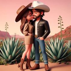 a man and woman in cowboy hats standing next to each other with cactus plants behind them