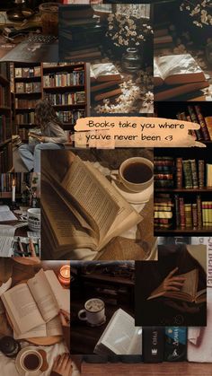 there is a collage of books and coffee on the table in front of them