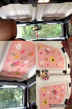 the interior of a vehicle with flowers painted on it