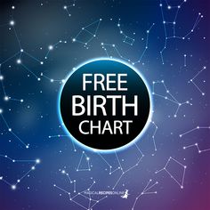 the free birth chart is displayed in front of a blue background with stars and lines