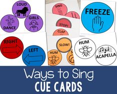 four different ways to sing cue cards with the words, freebie and below them