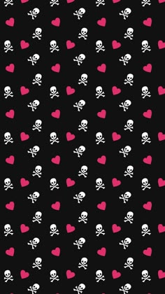 skulls and hearts on a black background with pink hearts in the shape of heart shapes