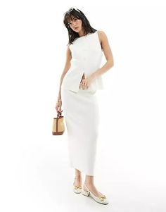 ASOS DESIGN knit midaxi skirt in white - part of a set | ASOS Elegant Sleeveless Set For Day Out, Chic White Two-piece Set, Chic White Skirt Set For Summer, White Two-piece Skirt For Spring, White Maxi Skirt For Spring Workwear, Chic White Maxi Skirt For Work, White Fitted Long Skirt Set, Fitted White Long Skirt Set, Fitted White Set With Long Skirt