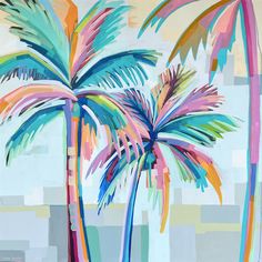 a painting of two palm trees with multicolored stripes on the bottom and bottom