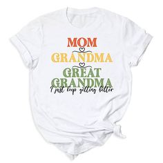 👩👵👵‍🦳 Celebrate three generations with our Mom Grandma Great Grandma Tee Shirts! Soft Style Solid color: 100% Airlume combed and ring-spun cotton Heather Colors: 52% Airlume Combed and ring-spun cotton, 48% polyester Heather Sport colors: 60/40 polyester/cotton 100% No Sweatshops & Eco-Friendly Production For different Mother's Day t-shirt designs, please take a look at our Mother's Day collection. https://www.greatwoodboutique.com/collections/mothers-day-tee-shirts Graphic Print Short Sleeve Shirt For Family Gatherings, Graphic Tee Crew Neck Tops For Family Gatherings, Graphic Tee With Crew Neck For Family Gatherings, Crew Neck Shirt With Letter Print For Family Gatherings, Graphic Cotton T-shirt For Family Gatherings, Family Reunion Graphic Tee With Text Print, Graphic Tee With Text Print For Family Reunion, Graphic Tee T-shirt With Text Print For Family Reunion, Cotton Graphic Print T-shirt For Family Gatherings