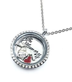 "Floating locket necklace In Memory of My Wife  Memorial Locket Keepsake Sympathy Gift Family gift  Necklace For the Loved Ones Father's Day Mother's Day gift - The locket size: 25*25mm.  This listing is for 1 locket with \"In Memory of' plate, 18\" chain,  charms and gems (total of 3-4 of your choice) . Please, send me the note with the selected birthstones' color and desired charms. . The necklace will serve as a memorial gift, a special way to remember the loved ones.  All lockets and chains are made of stainless steel. Jewelry tarnished over time by everyday wearing or bathing is not returnable, refundable or replaceable. All plated materials are not solid precious metals and are susceptible to oxidation. Your jewelry is a special handmade piece so please take care accordingly and enjo Gold Bar Necklace Personalized, Delicate Gold Necklace, Custom Initial Necklace, Bar Necklace Personalized, Memory Locket, Floating Lockets, Minimal Necklace, Memorial Necklace, Personalized Bridesmaid Gifts