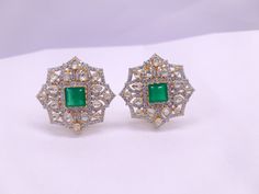 Silver Moissanite Polki With Labmade Emerald Stud Earring, Moissanite Polki Chandbali, Emerald Polki Earring, Wedding Jewellery,Earring Gift *𝐀𝐛𝐨𝐮𝐭 𝐏𝐫𝐨𝐝𝐮𝐜𝐭* Product Code :- TE 1031 Product Type :- Stud Earring Product Weight :- 15.72 Gram Gemstone Used :- Moissanite Polki, Labmade Emerald, Cubic Zirconia  Material :- 925 Sterling Silver, Moissanite Polki, Labmade Emerald, Cubic Zirconia Size :- 3x3 Cm Intricate, hand-crafted, Pure Silver Polki Earrings, studded with high-quality Moissanite Polki comes with Push back, made in 92.5 silver with 22ct gold plating. The product comes with 92.5 silver stamping -Product can be made in gold as well. -If any product is not ready, It takes 2-3 weeks to make in pure silver -We also look forward to Bulk Orders. We shall consider special dis Green Fusion Bridal Earrings With Hand Set, Exquisite Green Diamond Earrings For Wedding, Exquisite Green Diamond Wedding Earrings, Green Gemstone Bridal Earrings For Wedding, Green Fusion Style Earrings For Wedding, Green Fusion Style Bridal Earrings For Formal Occasions, Green Diamond Earrings With Intricate Design, Green Hand Set Fusion Earrings, Fusion Style Green Bridal Earrings With Matching Set