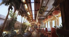 an artist's rendering of the interior of a restaurant with palm trees and hanging lights