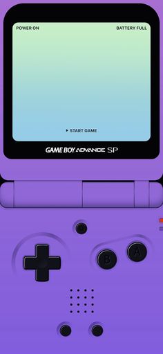 the game boy advance is shown in front of a purple background with an orange and blue button