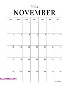 a november calendar with the word november in black and white, on a white background