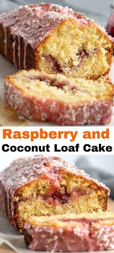 raspberry and coconut loaf cake is cut in half on a cutting board with the rest of the loaf behind it