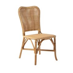 a wooden chair with wicker back and seat