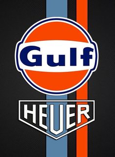 the logo for gulf heuer is shown on a black and orange striped wallpaper