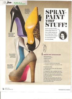 an advertisement for high heel shoes with the words spray paint your stuff in different colors