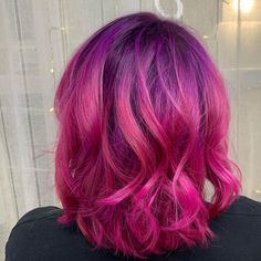 Dark Purple Roots Light Purple Ends, Purple To Pink Ombre Hair Short, Hot Pink Purple Hair, Hair Color Crazy Short Funky Hairstyles, Punk Hair Color, Purple Roots, Bubblegum Pink Hair, Red Pink Hair, Pink Short Hair