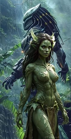 a woman dressed as an alien standing in the jungle