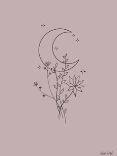 a black and white drawing of flowers with the moon in the sky behind it on a pink background